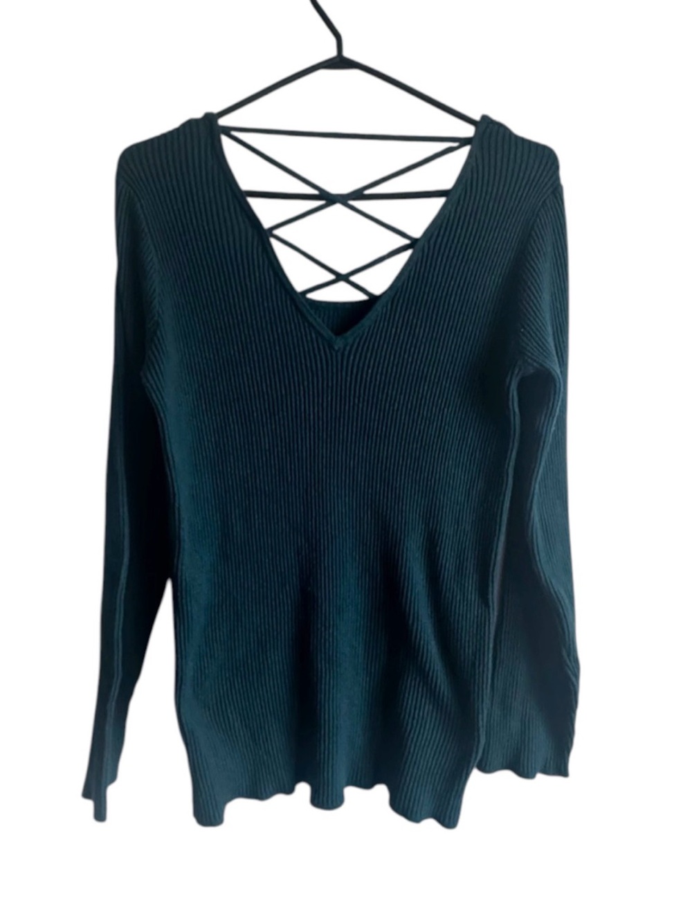 GEORGE Plus Women’s 1X Teal Rib Knit Criss Cross Back Long Sleeve Sweater
